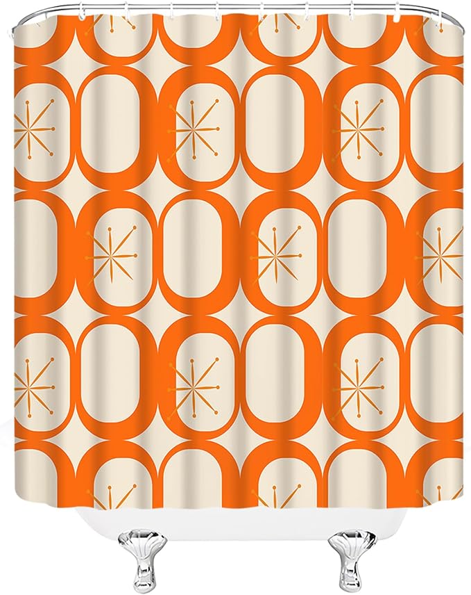 Mid Century Shower Curtain Modern Abstract Atomic Starbursts Squares Retro 50s Geometric Bathroom Decor Polyester Curtains with Hooks