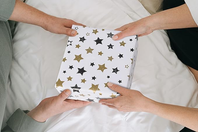 PlandRichW Wrapping Paper Folded Black White and Gold Matte Design Stars, Stripes, Ripples, Plaids for Birthdays, Christmas, Graduations, Weddings, Father's Day 4 Styles 20" X 29" 12 Sheets