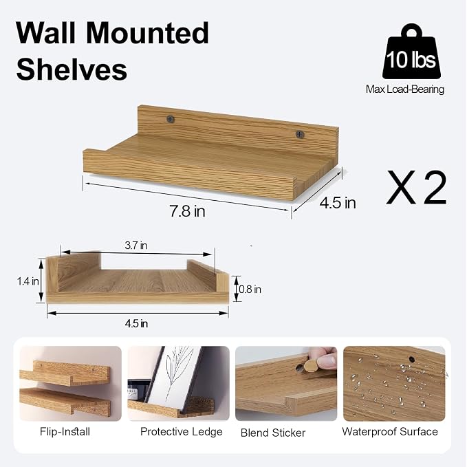 Small Floating Shelves for Wall Decor, Wall Mounted Wood Shelf for Bedroom, Living Room, Bathroom, Kitchen, Nursery, Display Picture Ledge Shelf with Lip Set of 2-8 Inches, Oak