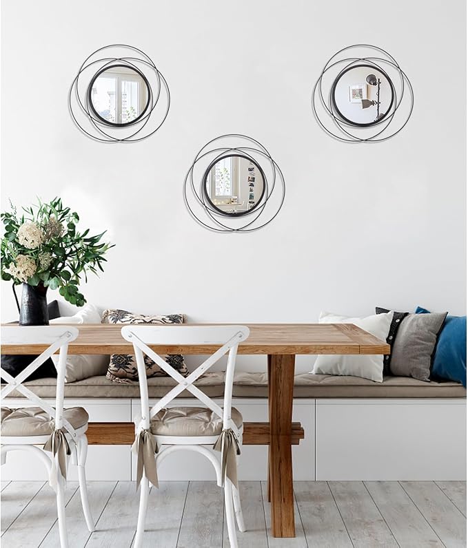 Black 3 Pcs Decorative Wall Mirror Circle Modern Mirror Round Art Ring Metal Mirrors Wall Decor Wall Mounted Mirror for Living Room Bedroom Dining Room Hallway Entryway 12"