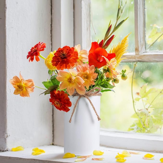 Domensi 5.91 in High Farmhouse Vase Decor Galvanized Metal Flower Vase with Twine Bow Vintage Rustic Tin Flower Buckets for Artificial Floral Table Container DIY(White,8 Pcs)