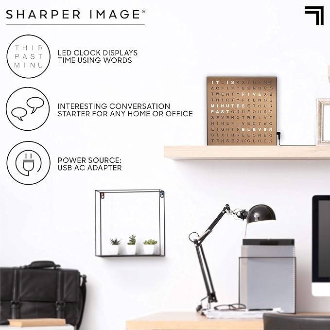 Sharper Image LED Word Digital Clock, 7.75", Copper Finish, Light-Up Desk & Wall Clock, Modern Time Display, Shelf or Wall Decor for Home Office, Living Room, Kitchen & Bedroom, Housewarming Gift