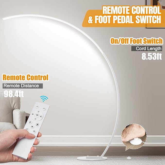 2000LM Ultra-Wide Coverage LED Lamps for Living Room with 3 Color Temperatures, White Dimmable Arc Floor Lamps, Modern Standing Tall Lamp with Remote Control Reading Floor Lamp for Bedroom Office