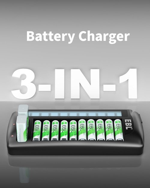 EBL 12-Bay LCD Battery Charger - Multi-Battery Charging Station for AA, AAA & 9V Batteries