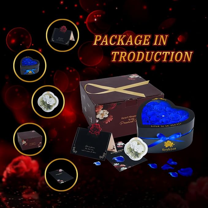 Forever Blue Roses in a Box Heart Shaped 16 Preserved Flowers for Delivery Grade A Quality 100% Real Immortal Flower Eternal Birthday for Her Mom Women Wife Girlfriends (Heart-Blue)