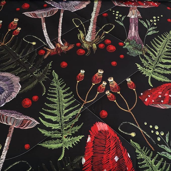 7 Piece Mushroom Comforter Set Full/Queen Size Mushroom Bedding Set Bed in A Bag 3D Plants Colorful Red Black Boho Quilt Set for Kid Boys Girls Teens Woman Adults All Season