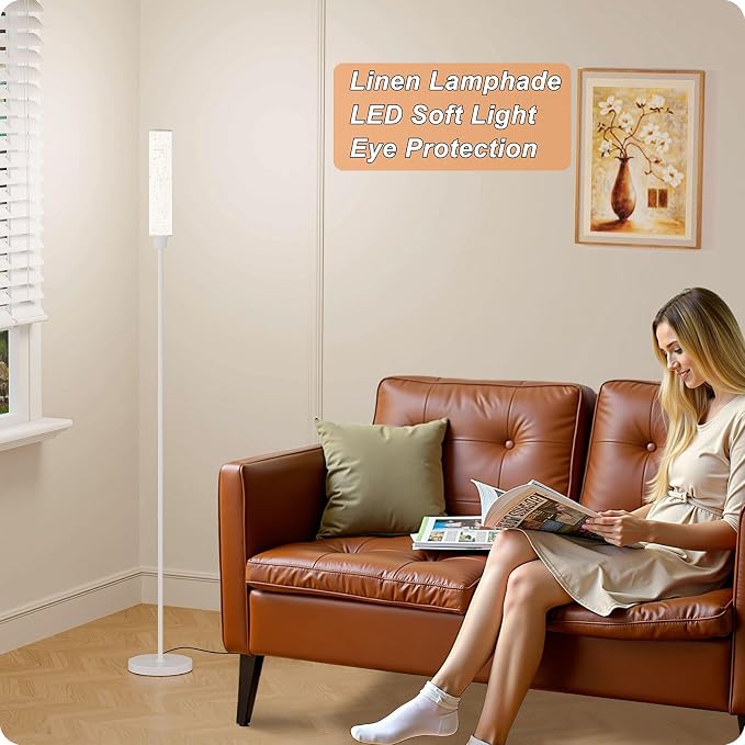 Nukanu Floor Lamp with Remote Control, Floor Lamps for Living Room/Bedroom/Office, Stepless Adjustable 3000K-6000K Colors and 10-100% Brightness,Standing Light with Foot Switch (White+Beige Linen)