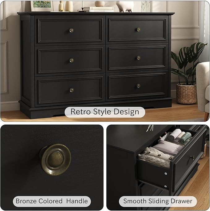 6 Drawer Dressers for Bedroom, Black Wooden Chest of Drawers with Deep Drawers, Closet Dressers with Metal Handle for Bedroom, Living Room
