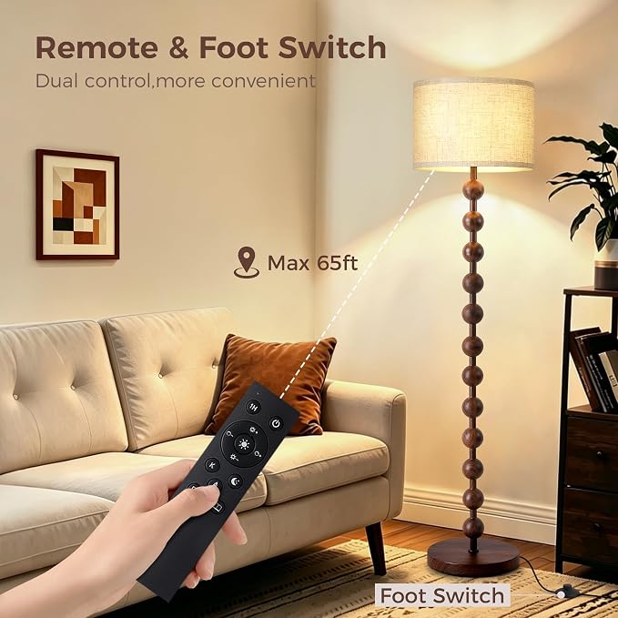 62" Vintage Farmhouse Floor Lamp for Living Room,3 Color Temperatures & Dimmable,Rustic Standing Lamp with Remote & Foot Switch,Retro Wood Grain Tall Floor Lamp for Bedroom Office Corner(Walnut)