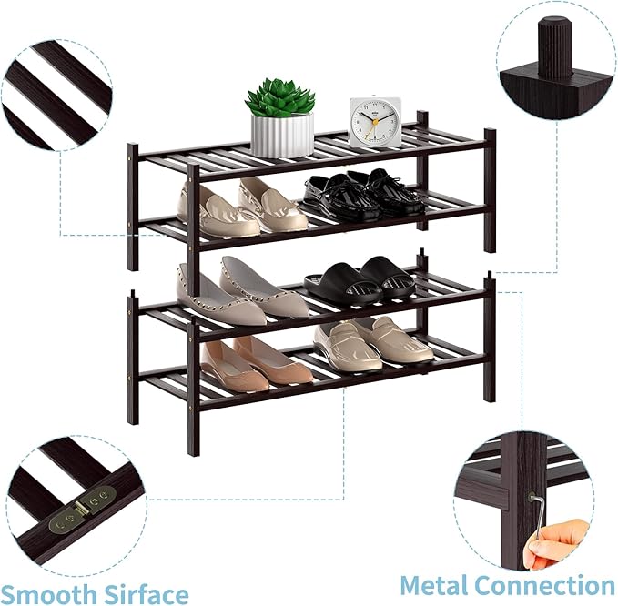 RONGJlA 4 Tier Bamboo Shoe Rack for Closet Free Standing Wood Shoe Shelf Storage Organizer for Entryway Small Space Stackable, Brown