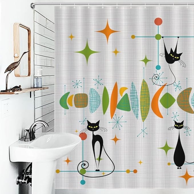 Mid Century Modern Shower Curtain, Retro Geometric Atomic Abstract Black Cat Pattern Middle Century 1950s 1960s Colorful Waterproof Fabric Bathroom Shower Curtain Set with Hooks, 72"x84" Inch