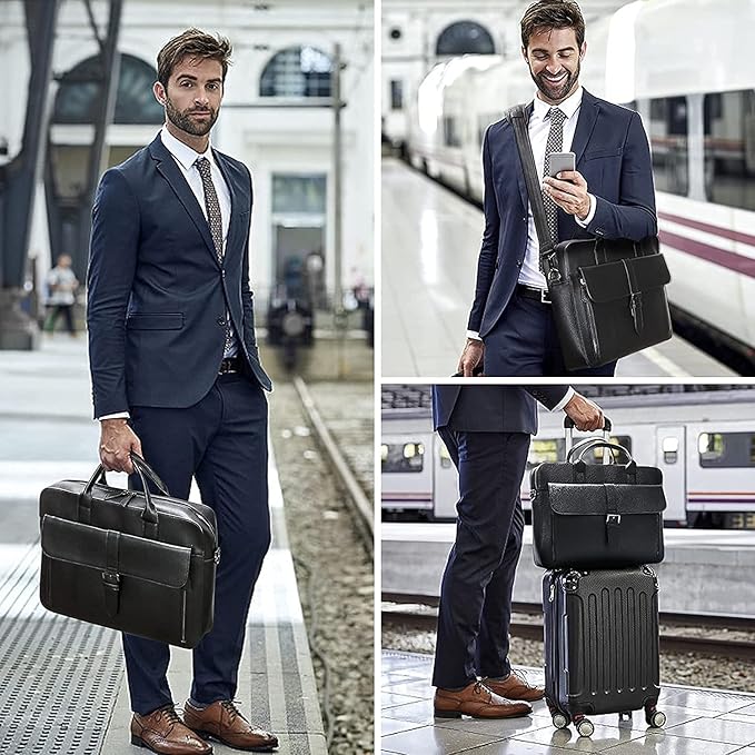 ESTARER Laptop Briefcase 15.6 Inch, Men’s Briefcase for Business/Travel, Leather Computer Office Work Bag, Water Resistant Laptop Bag, Black
