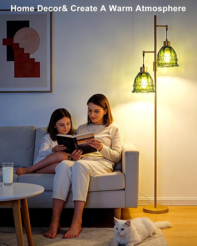 Lightdot 65IN Glass Floor Lamp for Living Room, 2- Light Gold Flower Floor Lamps with Green Glass Lampshade, 3000K Warm White Modern Standing Tall Lamp with 5Lbs Heavy Base for Bedroom Corner