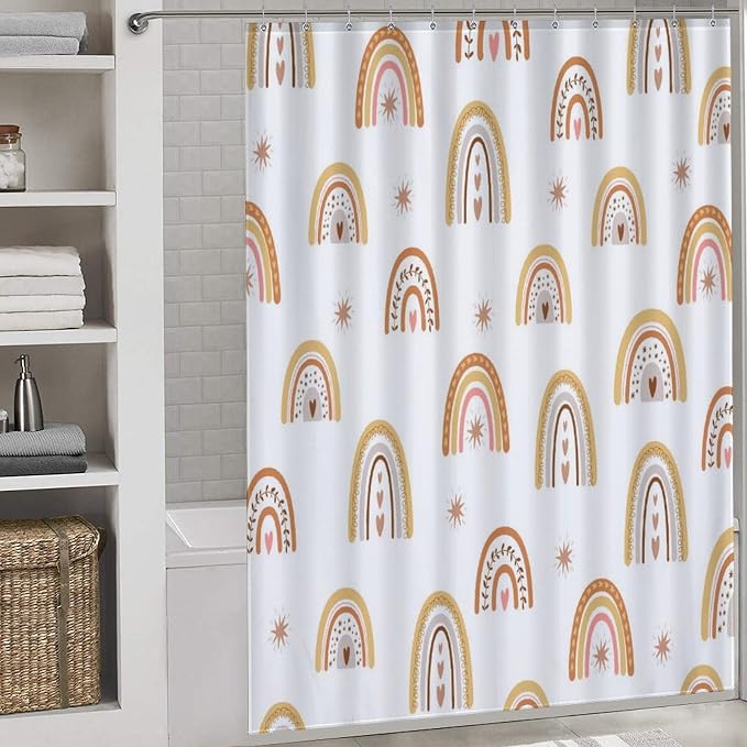 Rainbow Shower Curtain, Boho Pastel Cute Cartoon Aesthetic Bohemian Art Printed Beige for Kids Girls Baby Waterproof Fabric Bathroom Shower Curtain Set with Hooks, 72"x78" Inch