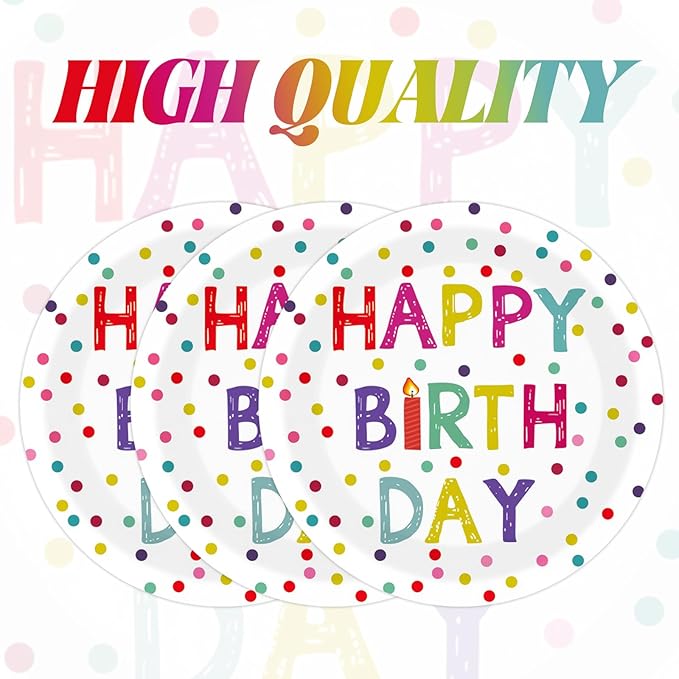 50PCS Happy Birthday Party Paper Plates 7 Inch, Disposable Colorful Polka Dots Cake Dessert Plates for Picnic Baby Shower Party Decorations (Birthday)
