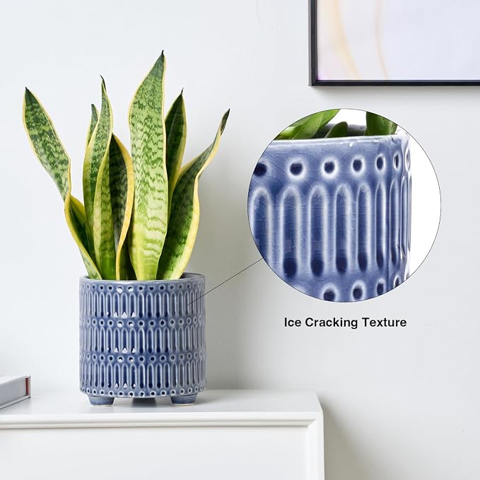 STHIE 5 Inch Ceramic Planters for Indoor Plants, Blue Cactus Snake Plant Pots with Drainage, Unique Design Round Flower Pot for Home Decoration