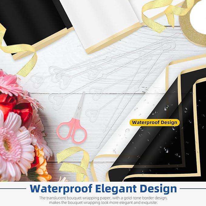 Glarks 52pcs Flower Wrapping Paper Set, Including 40 Sheets White and Black Waterproof Bouquet Wrapping Paper, 10pcs Floral Pick Card Holders, 1 Roll Ribbon and 1pcs Pink Scissors for Flower Shop