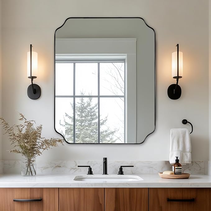 ANDY STAR 24"x30" Bathroom Mirror, Matte Black Framed Wall Mirror, Modern Scalloped Rectangle Mirror in Premium Stainless Steel Thin Frame, Rounded Notched Corners Design, Ideal for Home Remodel
