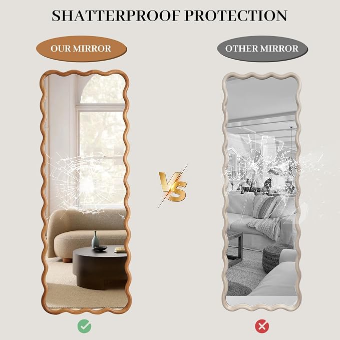 WallBeyond 24"x65" Full Length Mirror with Wood Frame, Natural Wood Wavy Mirror, Decorative Floor or Wall Mounted Mirror for Bedroom, Living Room, Entryway and Dressing Room