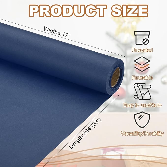 PATIKIL Wrapping Paper, 12" x 394"(33') 70 GSM Craft Paper Roll Kraft Packing Paper for Poster Bulletin Board, Gift Wrapping, Navy Blue