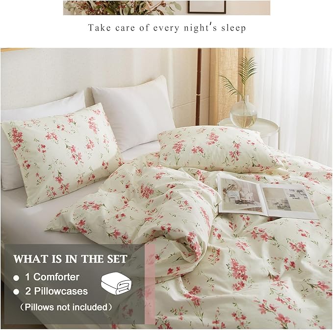 VM VOUGEMARKET Pink Floral Comforter Set Twin XL Cream Bedding Comforter for Teen Girls Women All Season Garden Flower Comforter Set