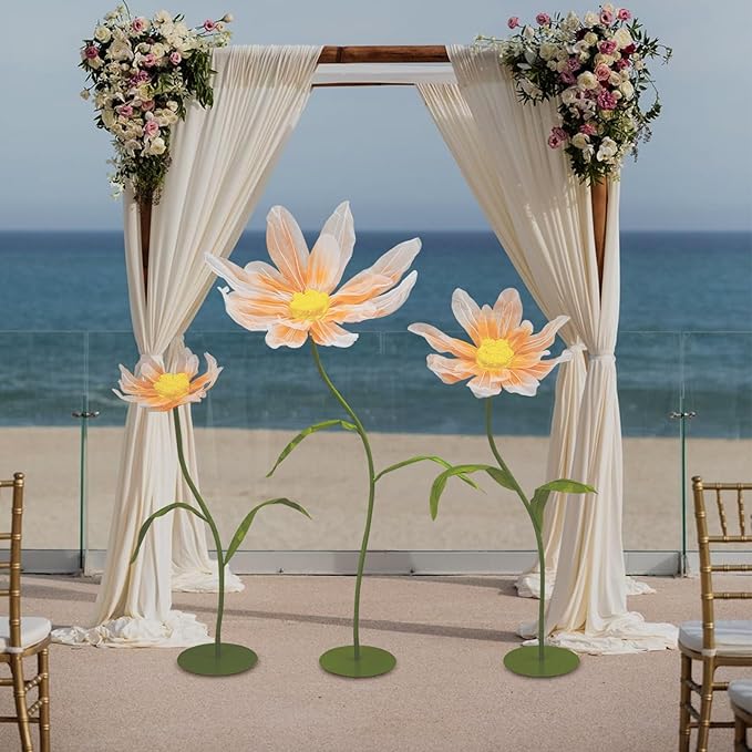 3Pcs Wedding Artificial Daisy Flowers Giant Artificial Paper Flowers Artificial Daisy Flower 3-Head Giant Fake Flowers with Standing Stems and Base for Wedding Wall Party Decor