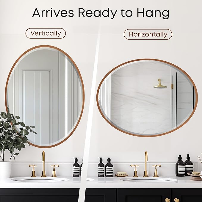 OVALCREST - Oval Wooden Beveled Wall Mirror for Home Decor, Bathroom, Vanity, Bedroom, Living Room, Hallway - London Style (Gold Spray) 31.1 x 25.1
