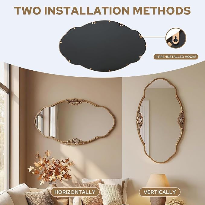 Besdomus Large Vintage Wall Mirror: 48"x26" Antique Gold Ornate Mirror - Classic Baroque Wall Decor for Entryway/Living Room/Bathroom/Hallway - Ideal for Home Decor Enthusiast