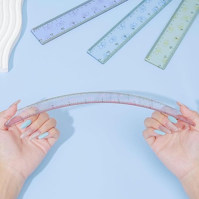 BAYTORY 4Pcs Transparent Acrylic Ruler 12 Inch, Clear Plastic Straight Rulers, Shatterproof Student Stationery Centimeters with Inches, for Classroom Essentials School Supplies (Bowknot)