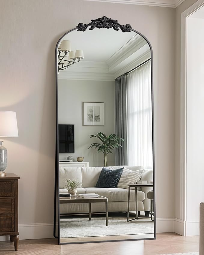 Antok Arched Full Length Mirror, 71"x32" Floor Mirror with Carved, Full Body Mirrors for HomeDecor, Standing/Halling Large Wall Mirror for Bedroom, Living Room, Cloakroom, Black, Retro Style