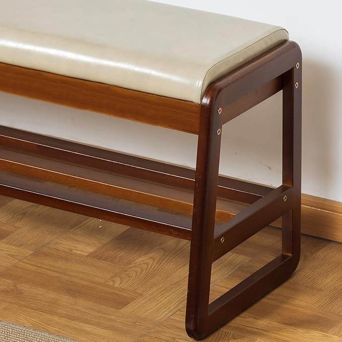 SOBIBO Solid Wood Shoe Bench, 2-Tier Entryway Bench with Cushion and Flip-Open Storage Box, Mid-Century Modern Shoe Bench Rack for Hallway, Mudroom(Gray, 31.5'')