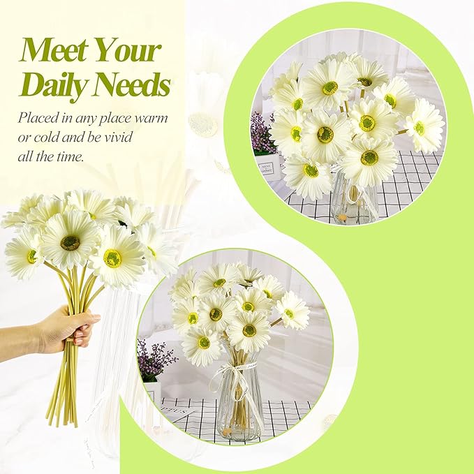 WILLBOND 24 Pieces Artificial Gerbera Daisies Flowers Fake Daisy Faux Boho Daisy Flowers Bouquet 15 in for Boho Birthday Decorations Wedding Home Decor (White)