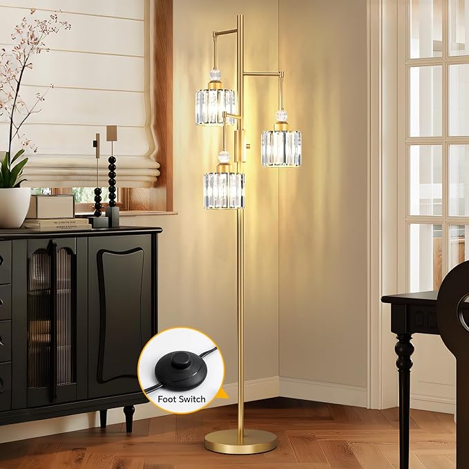 Black Tree Floor Lamp with 3 Crystal Cage Lampshades & Dimmable Bulbs - 70" Vintage Glam Standing Lamp for Living Room Bedroom, Industrial Modern Decor with Crystal Ball Accents (Gold)