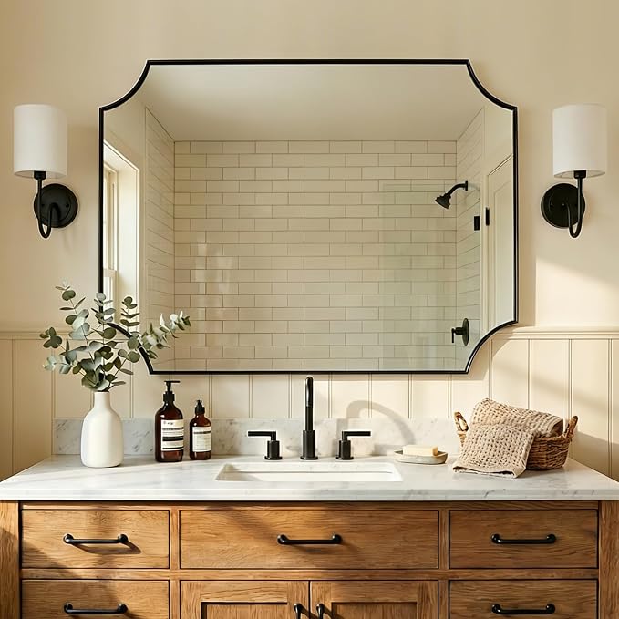 ANDY STAR 30x40 Inch Bathroom Mirror, Black Bathroom Mirror for Over Sink, Unique Rectangle Wall Mirror, Matte Black Framed Rectangular Mirror with Scalloped Edges, Ideal for Home Decor