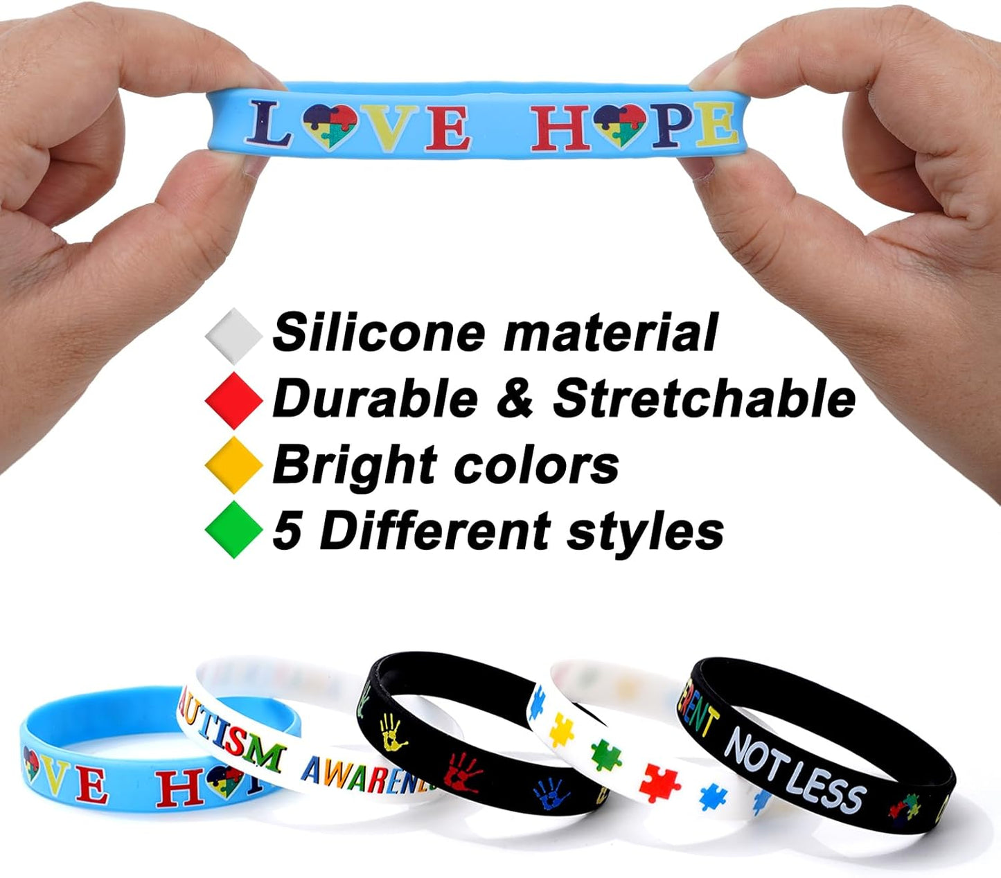 Whaline Autism Awareness Bracelets - 50Pcs Colorful Inspirational Silicone Wristbands | Motivational Stretchy Designs for Autistic Pride Day Gifts
