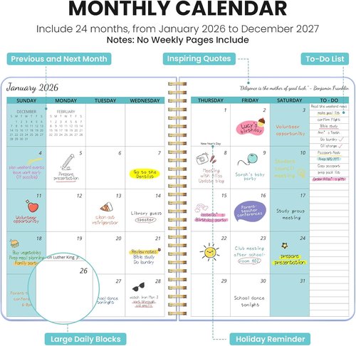 Monthly Planner 2026-2027 | 24-Month Calendar for School, Office & Home - Lavender, 7” x 10”