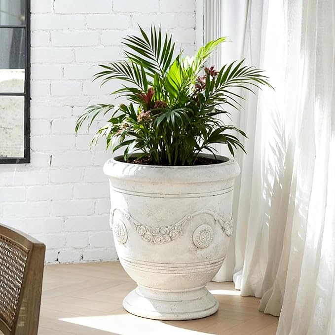 Large Urn Planter Magnesium Oxide Plant Pot with Cement Texture Concrete Urn Planters with Drainage Hole, 14" Dia x 17.5", White
