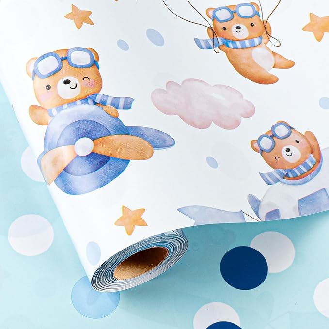 Homeral Baby Shower Wrapping Paper Roll - Adorable Blue Pilot Bear Design, Reversible Gift Wrap for Boys Birthday, Gender Reveal - Stars, Dots, Airplane and Parachute - 17 Inch x 16.5 Feet