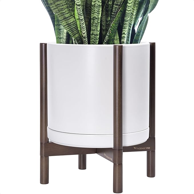 D'vine Dev Ceramic Planter with Walnut Color Stand - 14 Inch Modern Round Flower Pot with Wood Planter Holder, White, 55-B-T-1