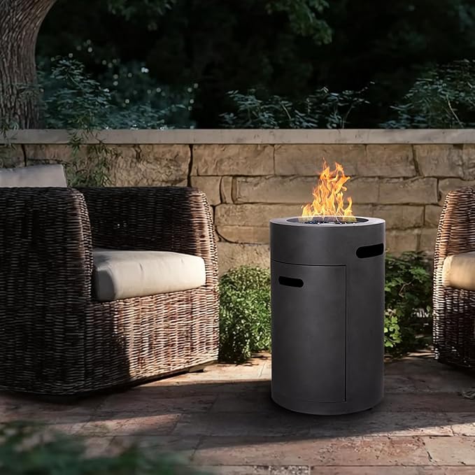 17 inch Propane Fire Column, 50,000 BTU Outside Gas Fire Pit with Glass Wind Guard, Glass Stone for Outside Patio, Garden, Backyard