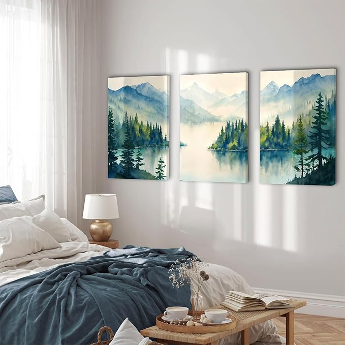SERIMINO Nature Landscape Wall Art for Living Room, Green Forest Mountain Canvas Prints Paintings Room Decor, Lake Tree Cottagecore Modern Farmhouse Wall Decor Set of 3, 20"X28"