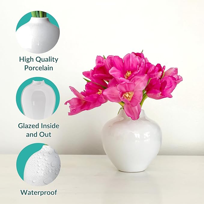 Willowy 5 Inch Small White Porcelain Vase with Glossy Finish - Small Vases for Flowers, for Centerpieces, Mini/Short White Vase