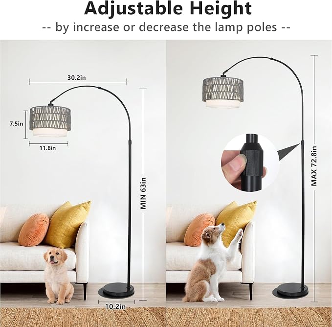 Boho Floor Lamps for Living Room, Arc Floor Lamp for bedroom with Remote and Dimmable Bulb, Over Couch Standing Lamp, Farmhouse Tall Lamp with 3 Color Temperatures, Height Adjustable Corner Floor Lamp