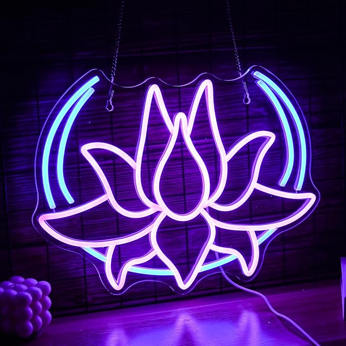 Moon Lotus Flower Neon Sign Dimmable Blue Moon Neon Light Sign for Wall Decor USB Power Purple Lotus Led Light Up Sign for Bedroom Yoga Room Game Room Man Cave