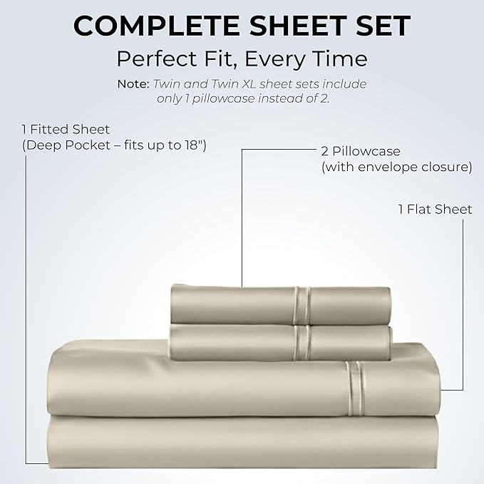 100% Natural Cotton Bed Sheets | 500 TC Single-Ply Sateen Weave Full Size Sheets | Breathable & Hypoallergenic Solid 4-Piece Bedding with Deep Pocket Fitted, Flat, Pillowcase | Cream Beige