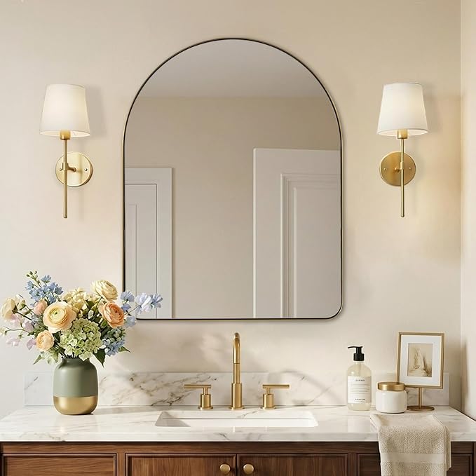 ANDY STAR Arched Mirror, 28 x 36 Inch Brushed Gold Wall Mirror in Stainless Steel Metal Frame, Arch Top Rounded Corner 1 Inch Deep Set Design Wall Mount Hangs Vertical