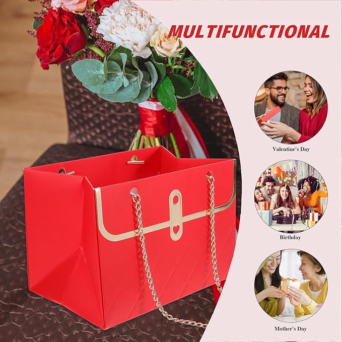 NADUSEP 4 PCS Flower Paper Gift Bag Bouquet Storage Bucket, Florist Flower Hand bag with Metal Chain Gift Case for Gifts Wrapping Supplies Bulk Mother's Day Valentine's Day Women's Day (Red)