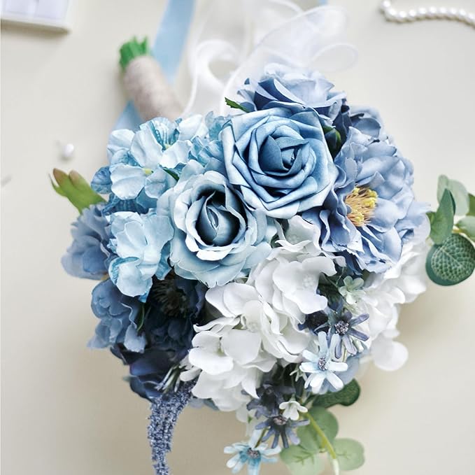 Dusty Blue Wedding Bouquets for Bride Bridesmaid,White Navy Blue Artificial Fake Silk Roses Flowers Bridal Bouquets for Wedding Boho Rustic French Vintage Church Decoration Toss Bouquet (8.6in(M))