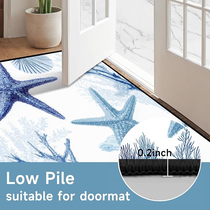 Coastal Starfish Rug 5'x7' Blue Ocean Area Rug Coral Seashell Floor Mat Washable Low Pile Carpet for Bedroom Living Room Kitchen Nursery Playroom Home Decor