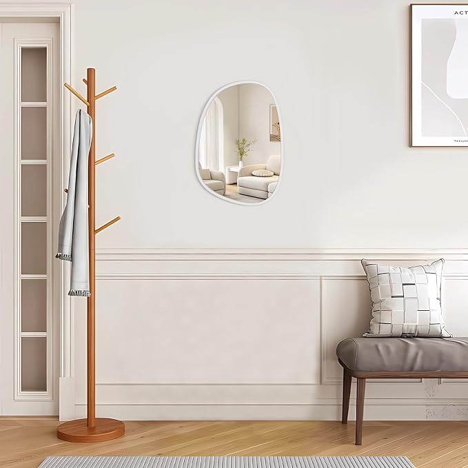 Asymmetrical Hanging Mirrors Irregular Wall Mirror White Wooden Framed Oval Mirrors for Wall Decorative Small Vanity Wall Mounted Mirror for Home Living Room Bedroom Hallway Entryway